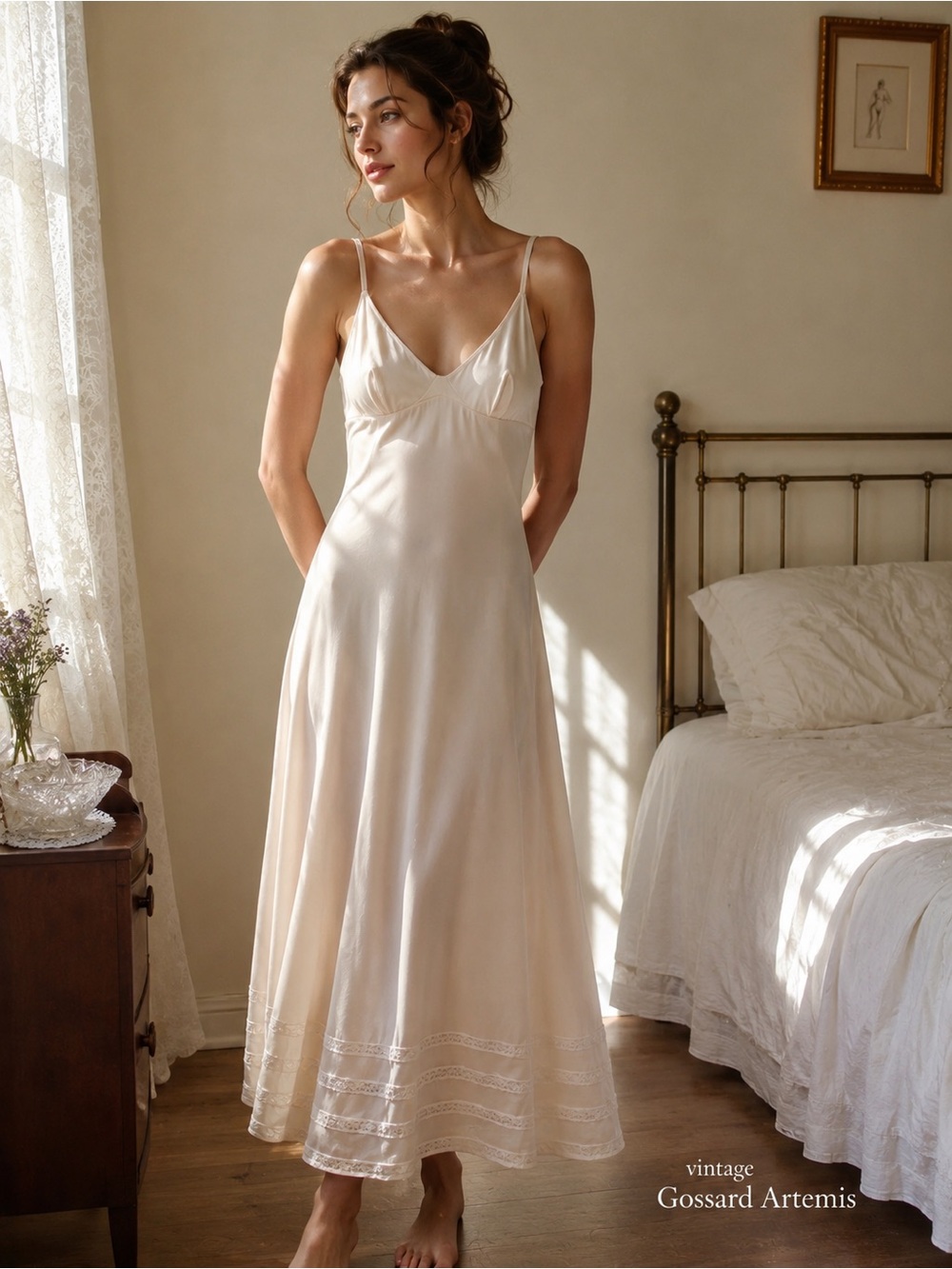 Vintage Gossard Artemis Ivory Full Slip Nightgown 32 Average Lace Hem